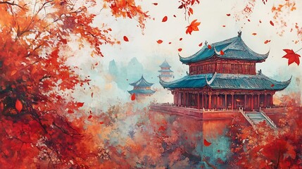 Obraz premium Serene Autumn Pagoda Landscape Soft Light. AI Generated