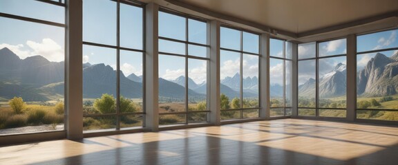 Obraz premium Churchoffice with a large glass window showcasing a beautiful landscape outside, glass window, office view