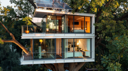 Modern treehouse architecture nestled in lush green canopy with solar panels