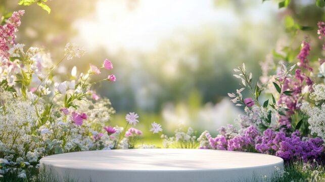 Fototapeta Product podium for display and presentation surrounded by vibrant garden flowers in full bloom, perfect for cosmetic promotions, featuring a fresh summer and spring floral background with lush nature 