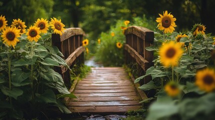 Sunflowers Blooming Bridge: A Serene Summer Scene