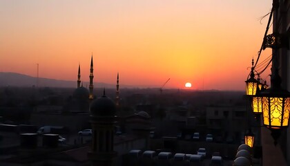 Sunset Over Cityscape With Mosque Minarets And Lights