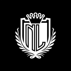 NL Letter logo heraldic shield shape with crown on black background template design