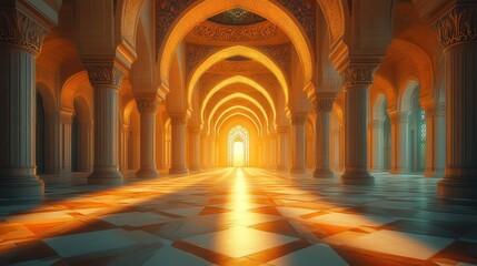 Fototapeta premium Sunlit Palace Hallway, Arches, Columns, Light, Arabian Architecture, Game Background