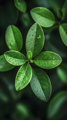 Obraz premium Dewy green leaves, garden closeup, blurred background, nature wallpaper