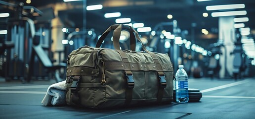 Obraz premium Gym bag, water bottle, towel, fitness center. Workout preparation