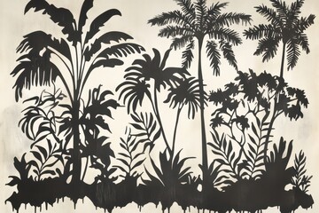 A wild forest scene with layered silhouettes of tropical trees and plants, perfect for nature-inspired designs.