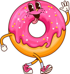 Groovy cartoon donut dessert funny character. Takeaway pastry meal funny mascot, cafe dessert or restaurant sweet donut with pink icing happy groovy isolated vector personage walking and waving hand