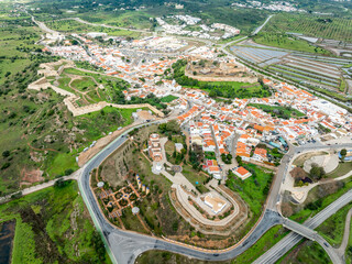 Aerial view of Castro Marim, Portuguese fortress town on the border above the Guadiana river with...
