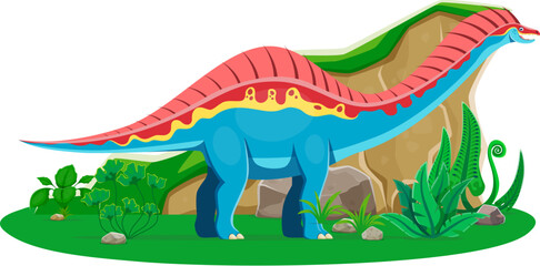 Paleontology Amargasaurus dinosaur cute character. Extinct lizard, reptile or Jurassic era animal comic cartoon vector character. Prehistoric dinosaur isolated personage with long neck and comb