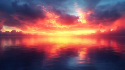 Fiery Sunset Sky Reflecting On Calm Ocean Waters