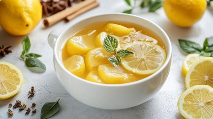 Lemon cream soup with herbs in a bowl