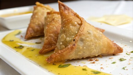 Close-up shot of keema samosa with melted butter on a white surface, vegetable oil, melted butter