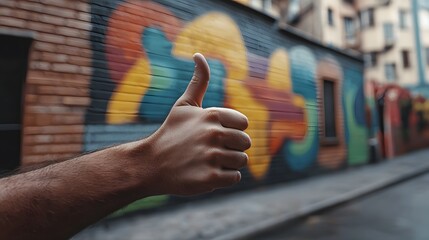 Obraz premium Vibrant Urban Background with a Hand Giving a Thumbs Up Gesture in a Colorful Street Setting