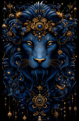 A blue lion with gold accents on its face. The lion is surrounded by a lot of gold and blue decorations