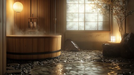 Serene Japanese Onsen Bath: A Digital Rendering of Tranquility