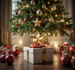 An impressive Christmas tree adorned with ornaments and a star emerging from an open gift box, gift box, sparkling lights, festive decorations