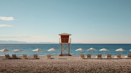 Serene Croatian Beach Scene Featuring a Lone Lifeguard Tower with Umbrellas and Chairs on Golden Sand