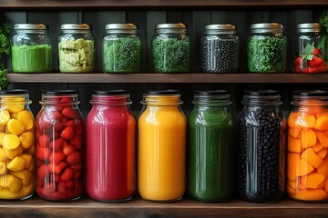 Colorful fruit and vegetable smoothies and ingredients in glass jars on wooden shelves.