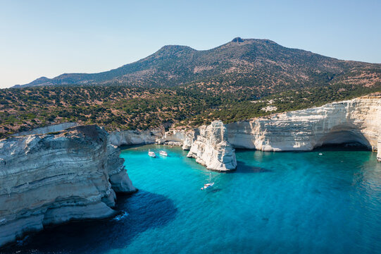 Aerial view of white cliffs and blue sea, Kleftiko, Milos island, Greece