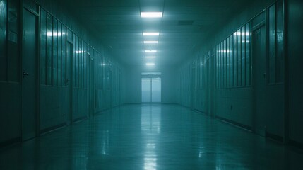 Obraz premium Blurry school hallway corridor view with illuminated floor and glass curtain walls, leading toward an empty entrance illuminated by soft exterior light.