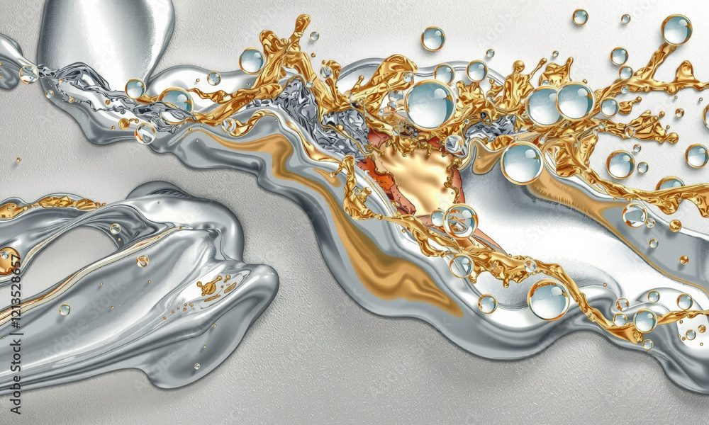Poster dynamic splash of liquid gold and silver creates eye catching visual effect, with bubbles adding dep