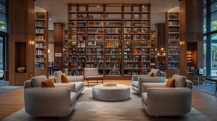 Luxurious library lounge with seating area and bookshelves. Ideal for relaxation and reading