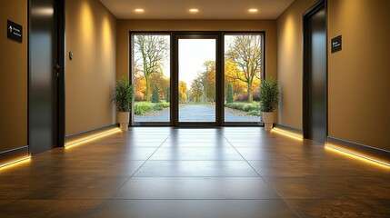 Obraz premium Office lobby hall background with blurred view, showcasing a spacious corridor, glass curtain walls, and illuminated floor, leading toward an empty entrance flooded with light.