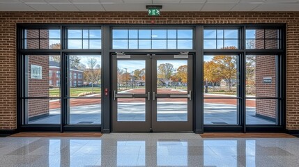 Fototapeta premium Blurry interior view of a school hallway corridor with a glass curtain wall, illuminated floor, and an empty entrance, blending natural and artificial light sources.