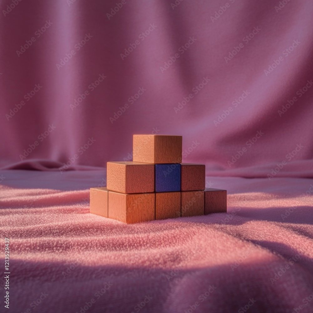 Poster wooden blocks pyramid pink background abstract concept problem solving strategy game