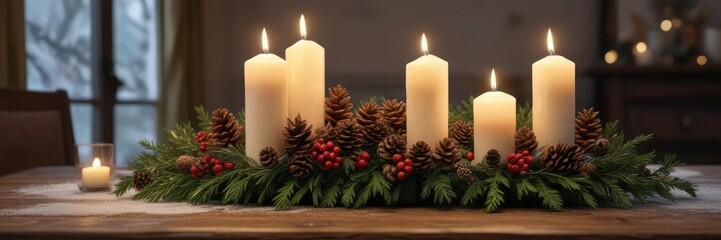 Beautifully decorated winter table with candles, holly, and pinecones, winter decoration, festive holiday table, candlelit dinner
