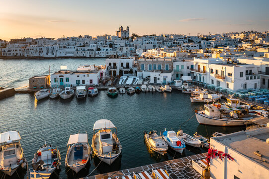 Aerial view of Naoussa harbor and old town, Paros, Greece