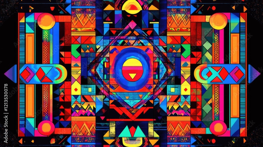 Aufkleber a high-tech futuristic display of geometric patterns in glowing neon colors.