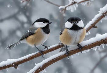 Obraz premium Black capped chickadee on a frozen branch in the middle of a snowstorm, feathered bird, white snow