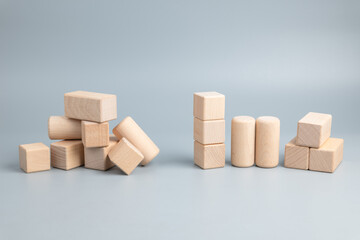 Many different geometric wooden toys in confused positions on the left, rearranged into the same...