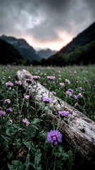 Obraz premium Serene Sunrise Meadow Purple Flowers Log Mountain Landscape