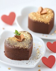 decadent chocolate lava cake with gold dust and heart-shaped plates