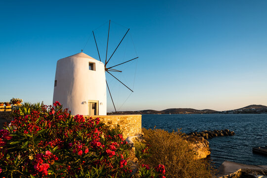 Windmill and blue sea, Paros, Cyclades, Greece
