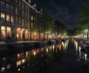 Fototapeta premium Boat trip through Amsterdam canals at night with city lights reflected on the water, water, reflection, amsterdam