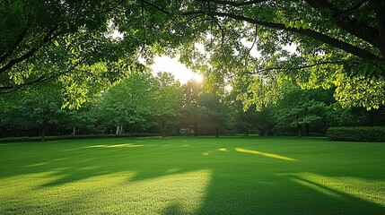 Fototapeta premium Green grass field lawn background. Vibrant sunny park ideal for themes of spring, earth day or outdoor leisure activities.