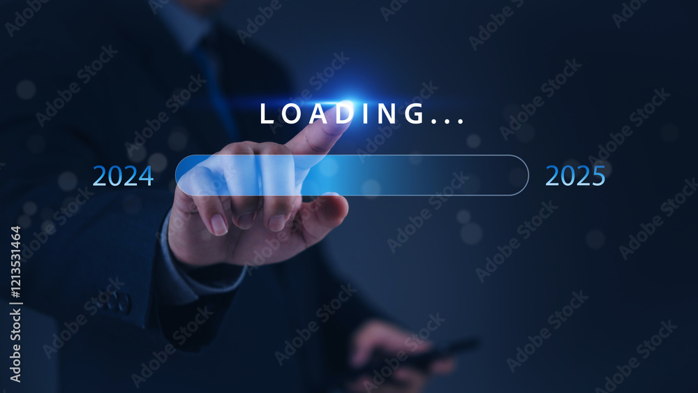 Poster a hand pointing at a loading bar with a transition from 2024 to 2025 strategic planning, symbolizing