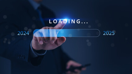 A hand pointing at a loading bar with a transition from 2024 to 2025 strategic planning, symbolizing progress and the future.