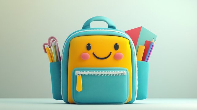 A playful cartoon backpack with open zippers and school supplies peeking out, smiling on a white background. - Powered by Adobe