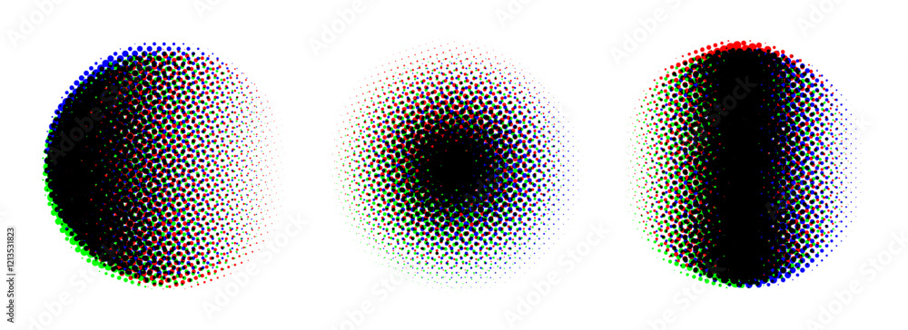 Poster Round halftone gradient background set. RGB textured pixelated circle gradation. RGB color dotted fading shapes. Grunge ink press splash stains and blots. Print production raster glitch. Vector
