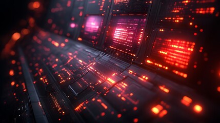 Futuristic red digital interface panel.