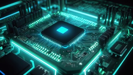 Fototapeta premium Neon-Lit Computer Motherboard with Circuit Tracks and Chips