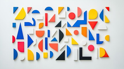 A minimalist display of brightly colored geometric symbols on a white backdrop.
