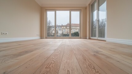 Fototapeta premium Modern Empty Room Hardwood Floor Large Windows City View New Apartment Real Estate
