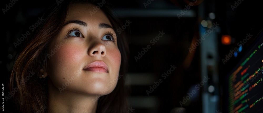 Poster focused female programmer coding late night dark office computer screen
