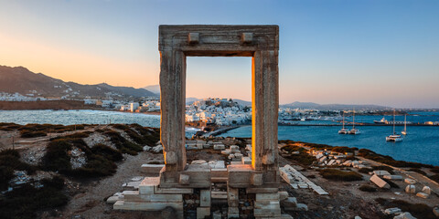 Aerial panoramic view of Apollo's temple and town, Naxos island, Greece